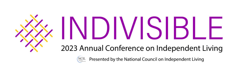 2023 Annual Conference on Independent Living Logo: Indivisible. Graphic features intersecting threads.
