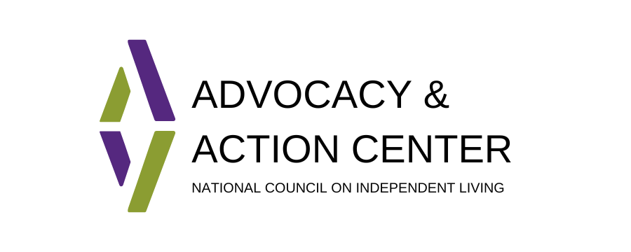 ADVOCACY & ACTION Center Logo – National Council on Independent Living Advocacy and Action Center graphic features two abstract letters A, reflected horizontally in purple and green.